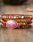 Rhodonite Protection Bracelet | Genuine Leather 2