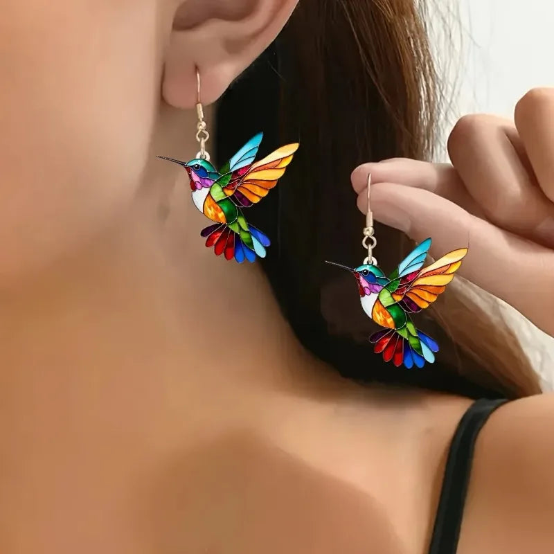 Acrylic Hummingbird Dangle Earrings | Colorful Bird Jewelry | Unique Statement Accessories 0
