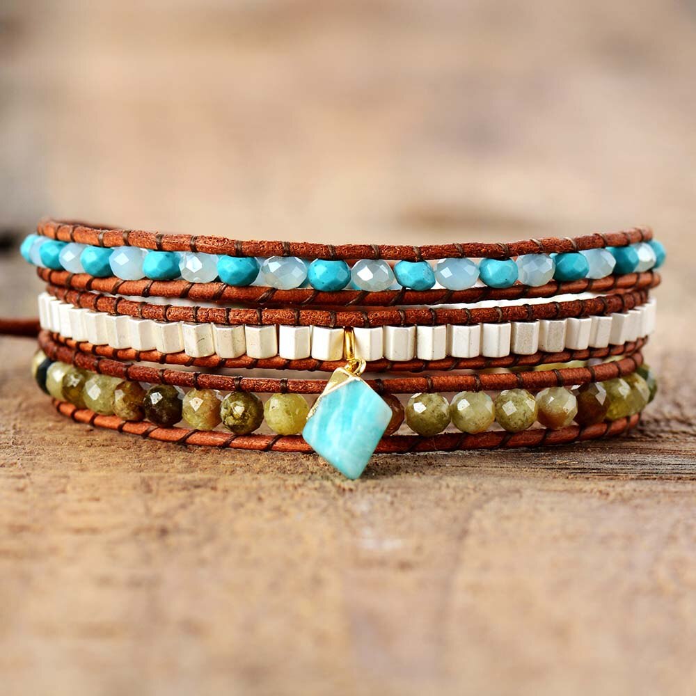 Amazonite Dangle Wrap Bracelet | Genuine Leather 0