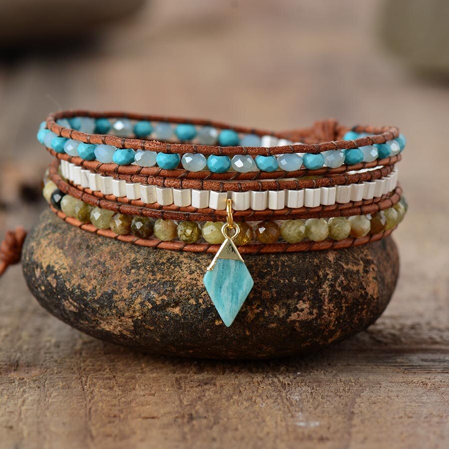 Amazonite Dangle Wrap Bracelet | Genuine Leather 1