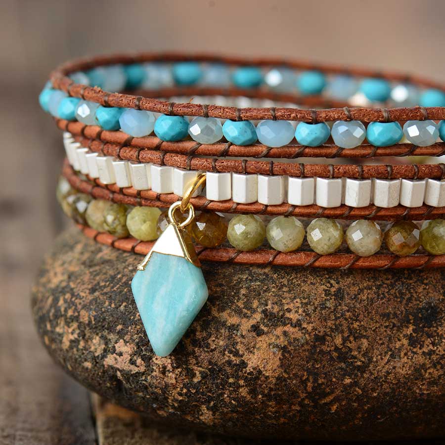 Amazonite Dangle Wrap Bracelet | Genuine Leather 3