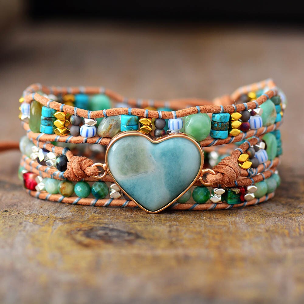 Amazonite Love Protection Wrap Bracelet | Genuine Leather 0