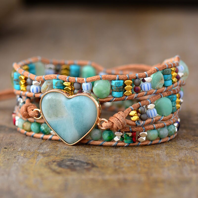 Amazonite Love Protection Wrap Bracelet | Genuine Leather 3
