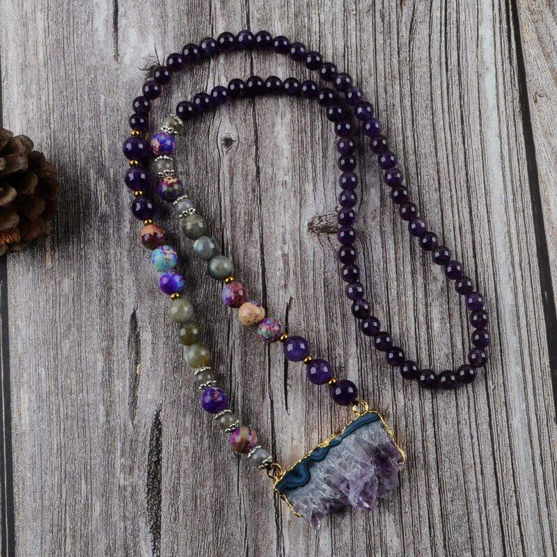 Amethyst Jasper & Labradorite Beaded Druzy Necklace | Gemstone 0