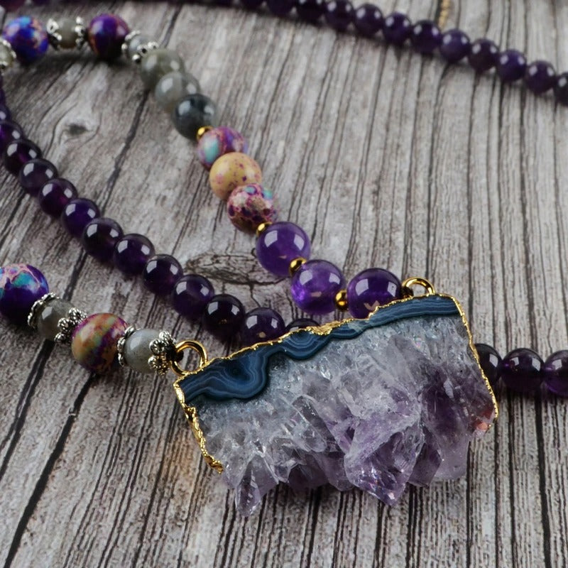 Amethyst Jasper & Labradorite Beaded Druzy Necklace | Gemstone 1