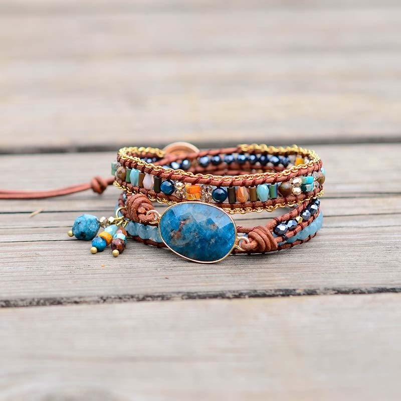 Blue Apatite Wrap Bracelet | Genuine Leather 2