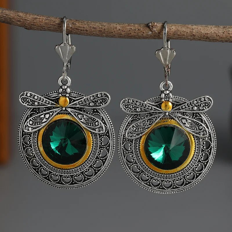 Carla | Vintage Earrings | Green Zirconia | Dragonfly Design 0
