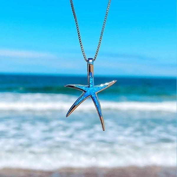 Carla's Unique Jewelry | Blue Opal Necklace | Silver Starfish Pendant | Handcrafted Keepsake 0