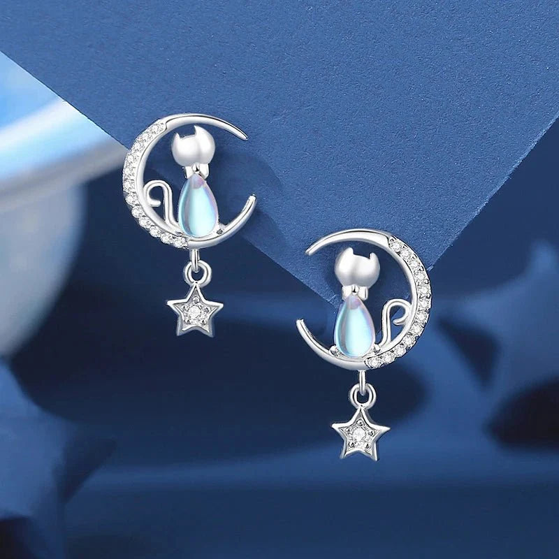 Celestial Cat Earrings | Moon and Star Jewelry | 925 Sterling Silver Earrings 0