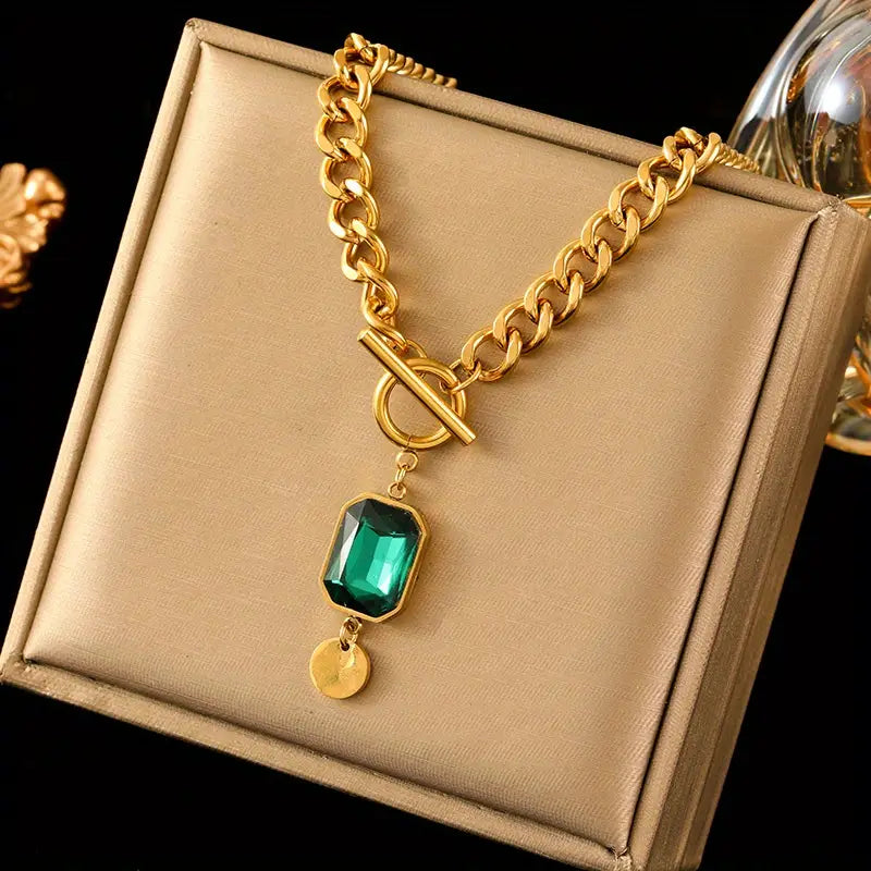 Chunky Chain Emerald Pendant Necklace | Gold 0