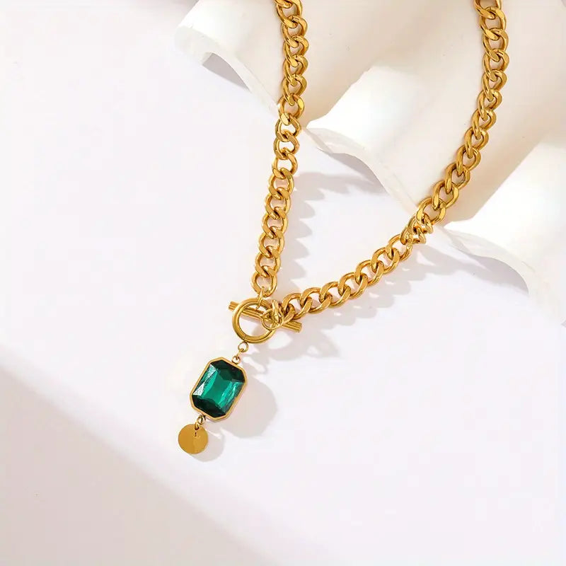 Chunky Chain Emerald Pendant Necklace | Gold 4