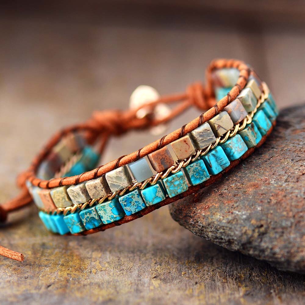 Classic Bohemian Jasper Wrap Bracelet | Genuine Leather 0
