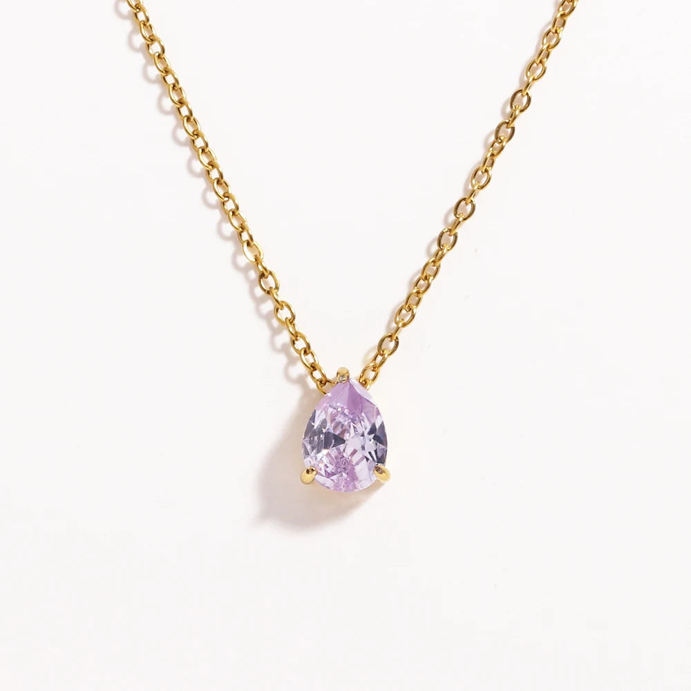 Crystal Teardrop Birthstone Necklace | Stainless Steel 17