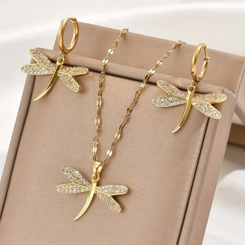 Elegant Dragonfly Jewelry Set | Gold Necklace | Cubic Zirconia Earrings | Timeless Design 0