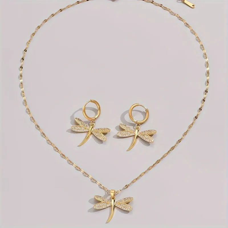 Elegant Dragonfly Jewelry Set | Gold Necklace | Cubic Zirconia Earrings | Timeless Design 2