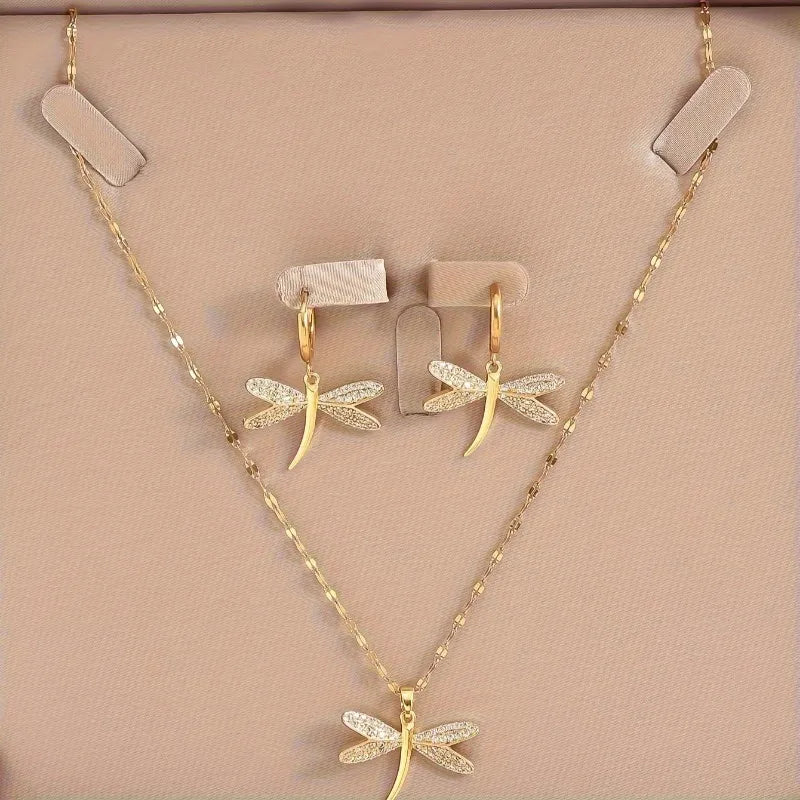 Elegant Dragonfly Jewelry Set | Gold Necklace | Cubic Zirconia Earrings | Timeless Design 3