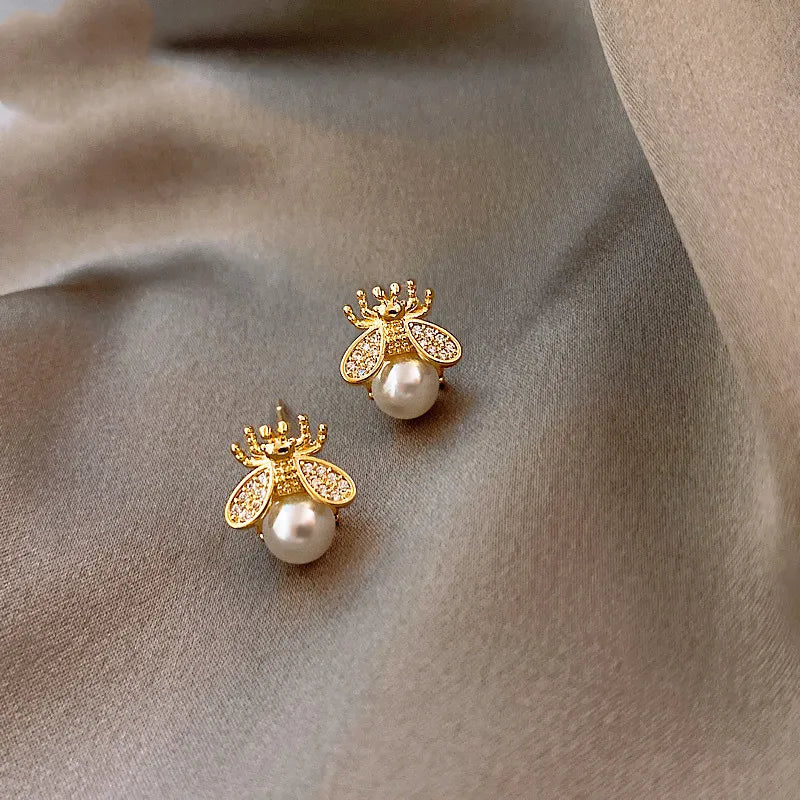 Elegant Honey Bee Pearl Stud Earrings | Gold-Tone Jewelry | Nature-Inspired Accessories 0