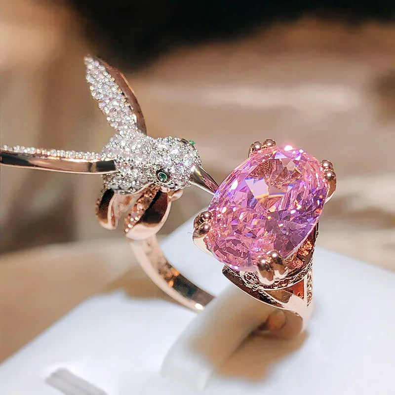 Elegant Hummingbird Gemstone Ring | Colorful Zircon | 14K Gold Plated | Vintage-Inspired Design 0