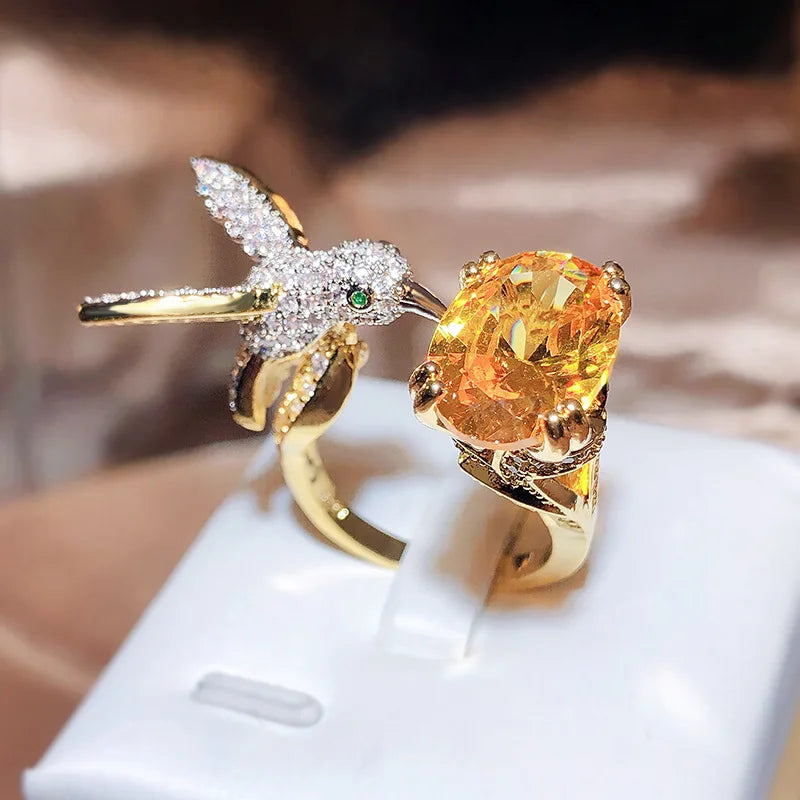 Elegant Hummingbird Gemstone Ring | Colorful Zircon | 14K Gold Plated | Vintage-Inspired Design 1