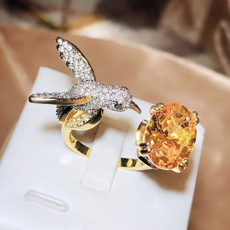 Elegant Hummingbird Gemstone Ring | Colorful Zircon | 14K Gold Plated | Vintage-Inspired Design 5