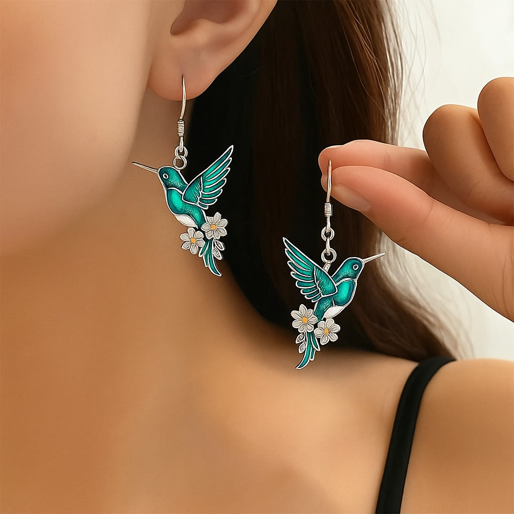Elegant Hummingbird Jewelry Set | Sterling Silver Necklace | Teal Enamel Earrings | Floral Accents 1