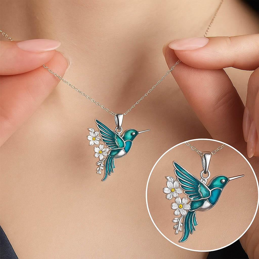 Elegant Hummingbird Jewelry Set | Sterling Silver Necklace | Teal Enamel Earrings | Floral Accents 2