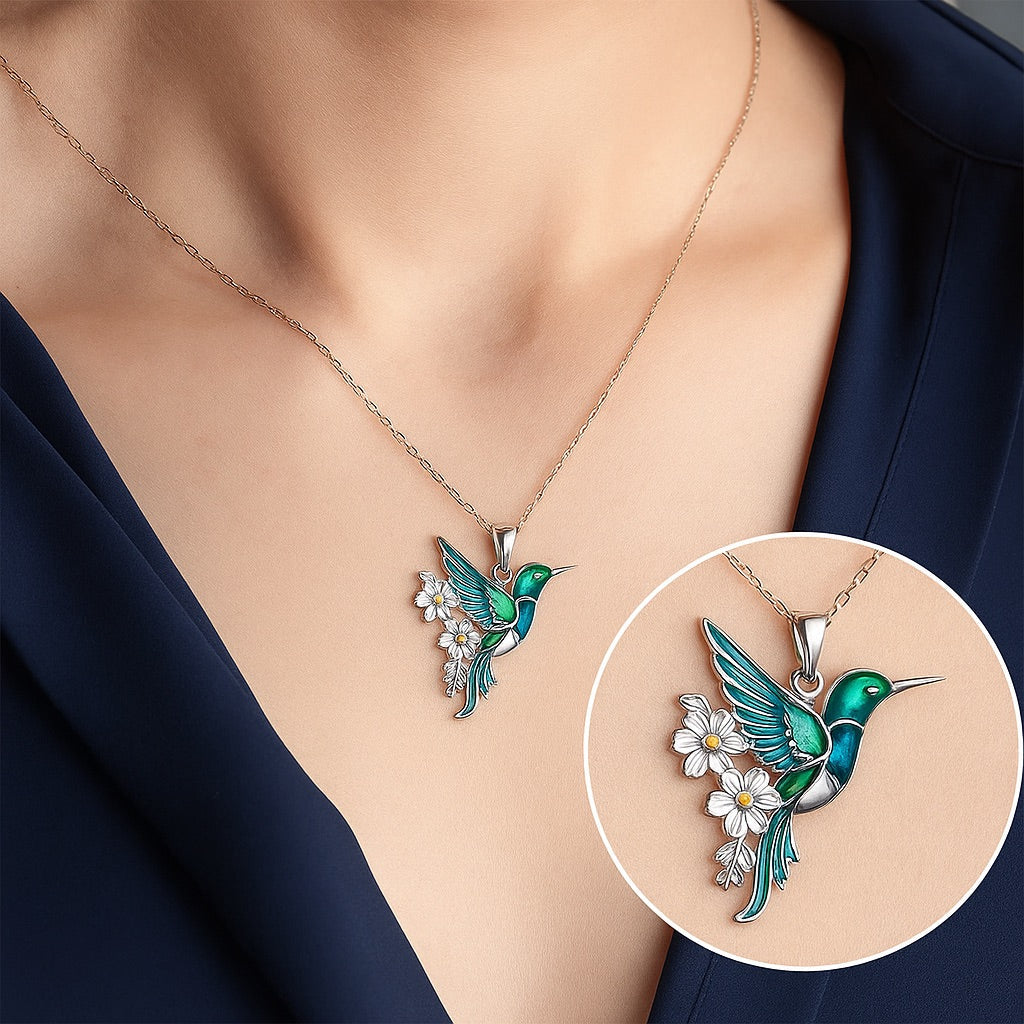 Elegant Hummingbird Jewelry Set | Sterling Silver Necklace | Teal Enamel Earrings | Floral Accents 3