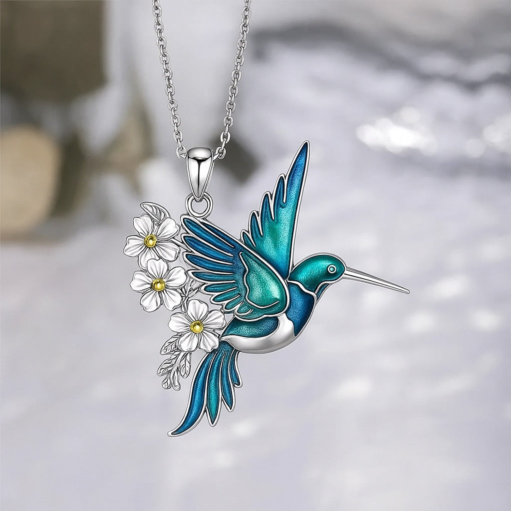 Elegant Hummingbird Jewelry Set | Sterling Silver Necklace | Teal Enamel Earrings | Floral Accents 5