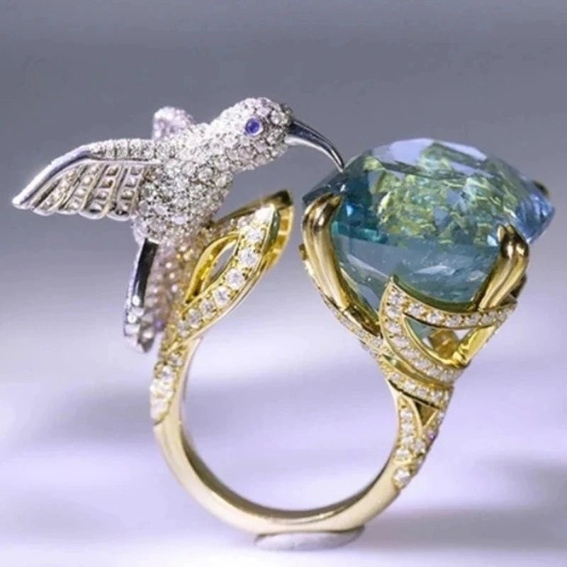 Elegant Hummingbird Ring | Aquamarine Color | 14K Gold Plated | Vintage Style 0