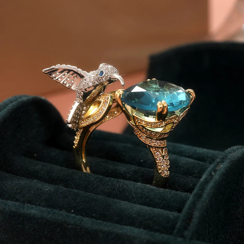 Elegant Hummingbird Ring | Aquamarine Color | 14K Gold Plated | Vintage Style 1