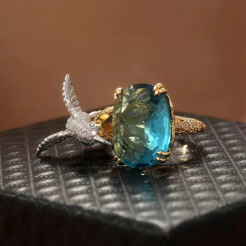Elegant Hummingbird Ring | Aquamarine Color | 14K Gold Plated | Vintage Style 2