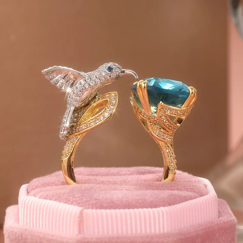 Elegant Hummingbird Ring | Aquamarine Color | 14K Gold Plated | Vintage Style 3