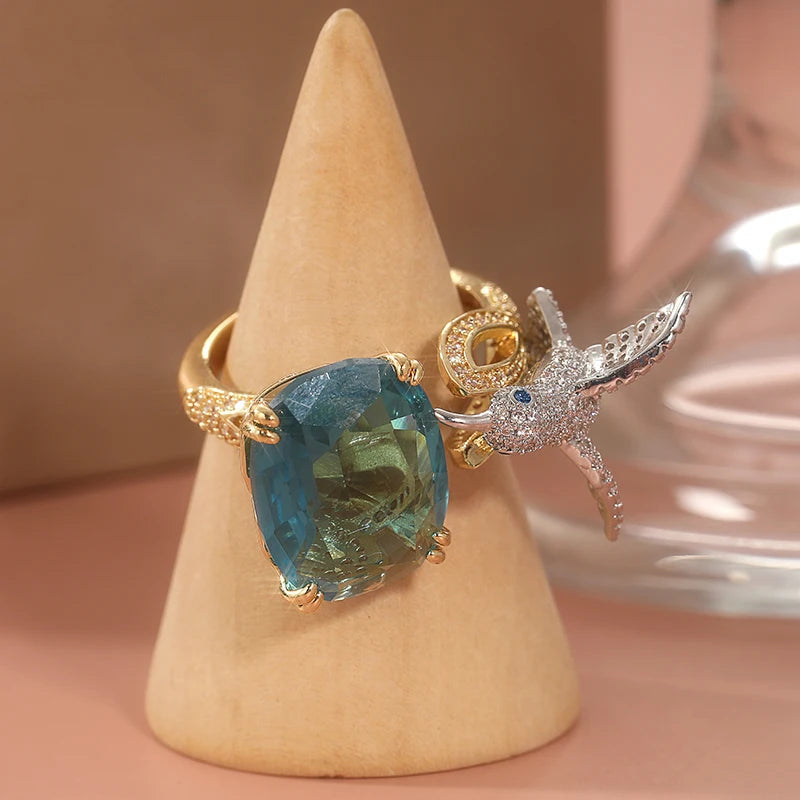 Elegant Hummingbird Ring | Aquamarine Color | 14K Gold Plated | Vintage Style 4