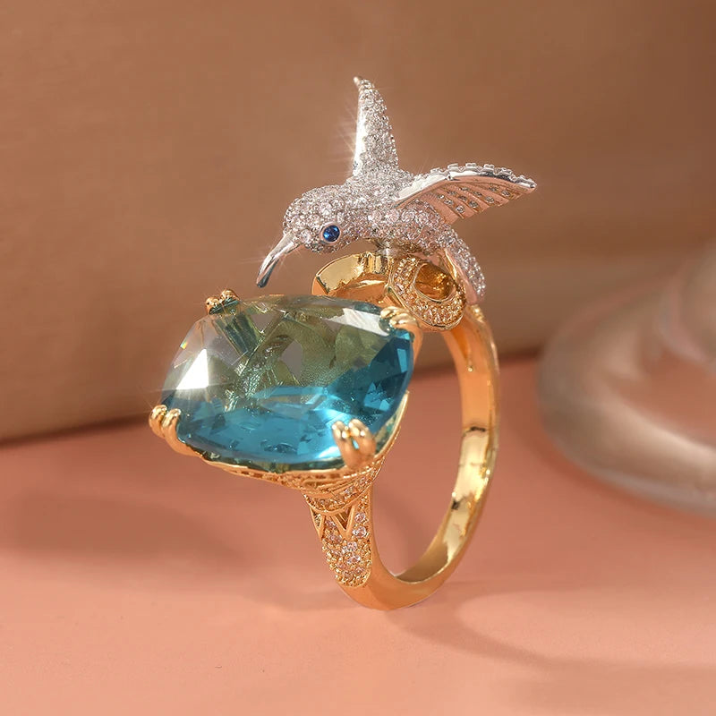Elegant Hummingbird Ring | Aquamarine Color | 14K Gold Plated | Vintage Style 5
