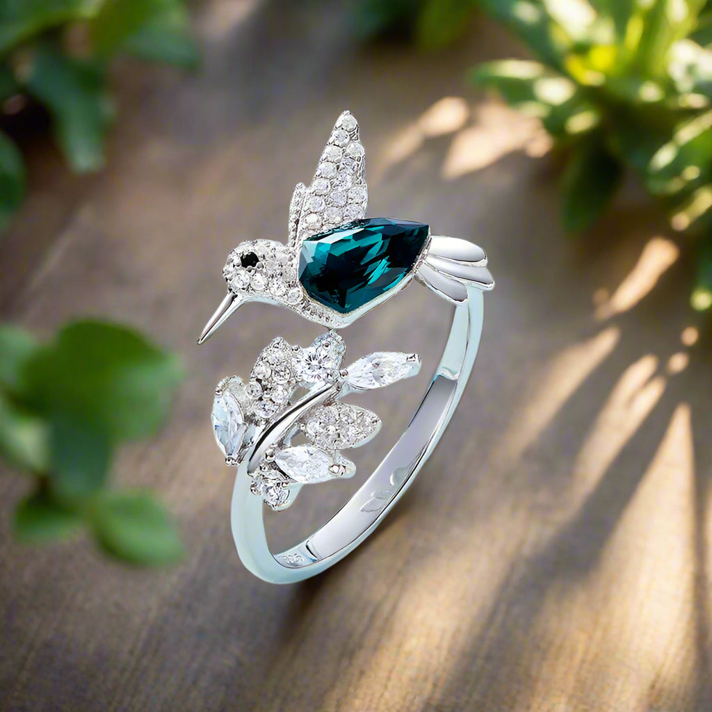 Elegant Hummingbird Ring | Rhinestone Jewelry | Adjustable Silver Accessory 0