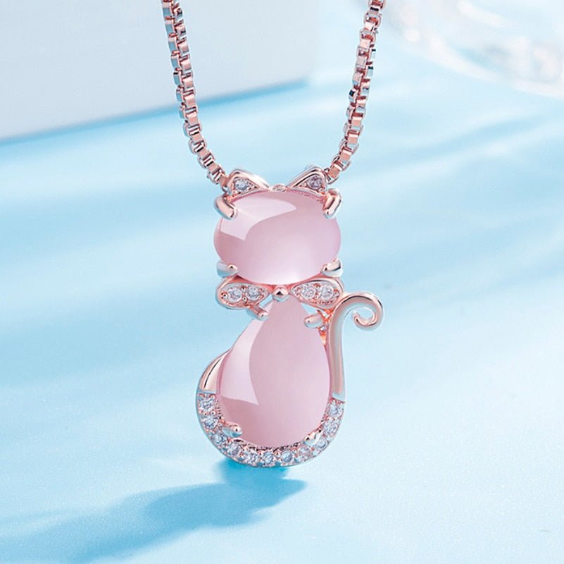 Feline Elegance | Cat Necklace | Pink Stone Jewelry | Zircon Accents 0