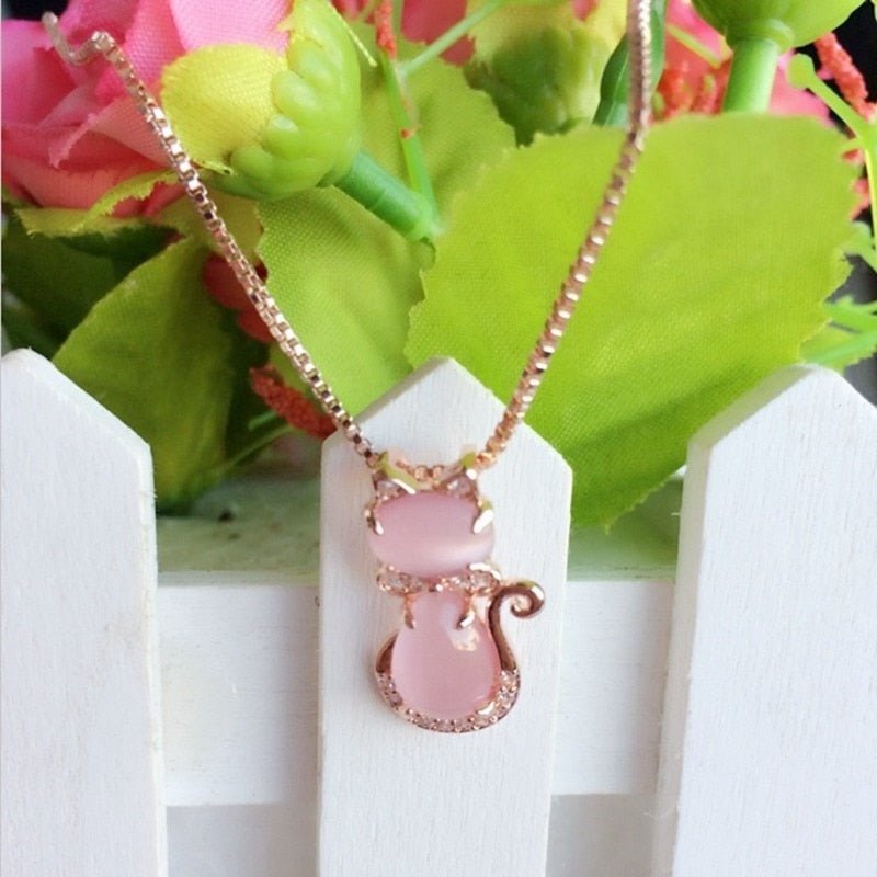 Feline Elegance | Cat Necklace | Pink Stone Jewelry | Zircon Accents 2