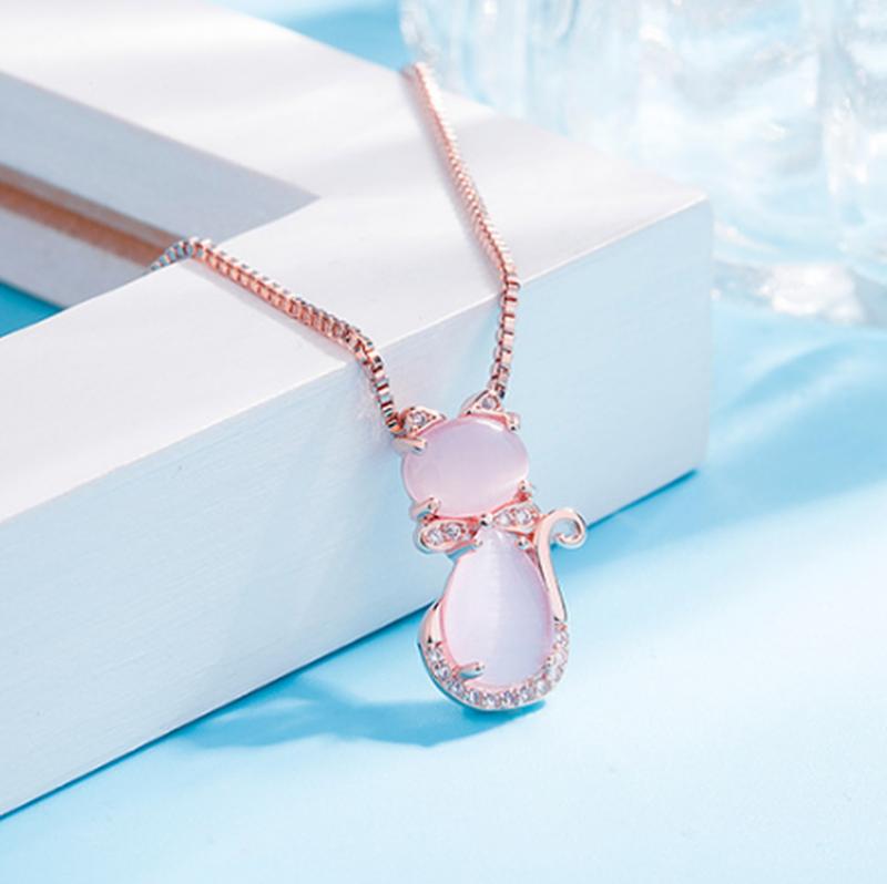 Feline Elegance | Cat Necklace | Pink Stone Jewelry | Zircon Accents 3