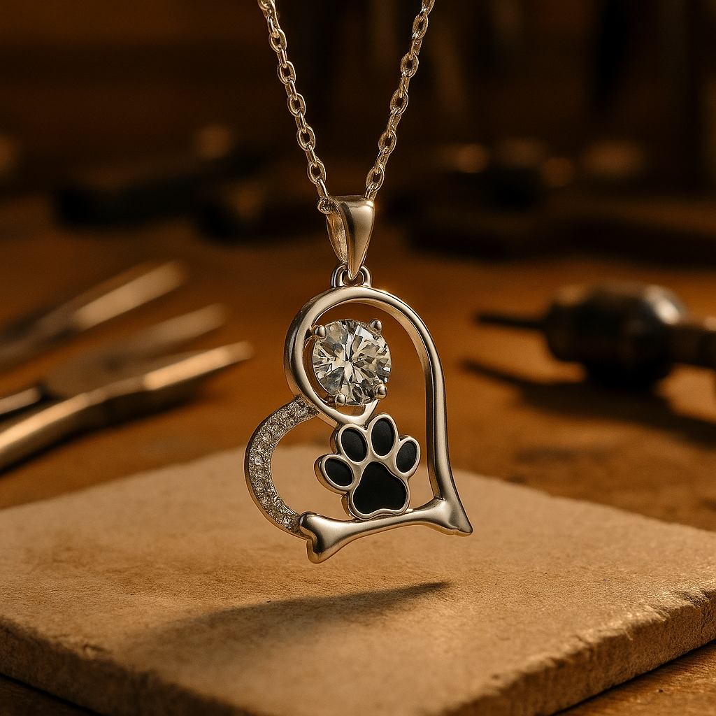 Furry Friend | Dog Paw Print Necklace | Bone Pendant | Zirconia Accents 0