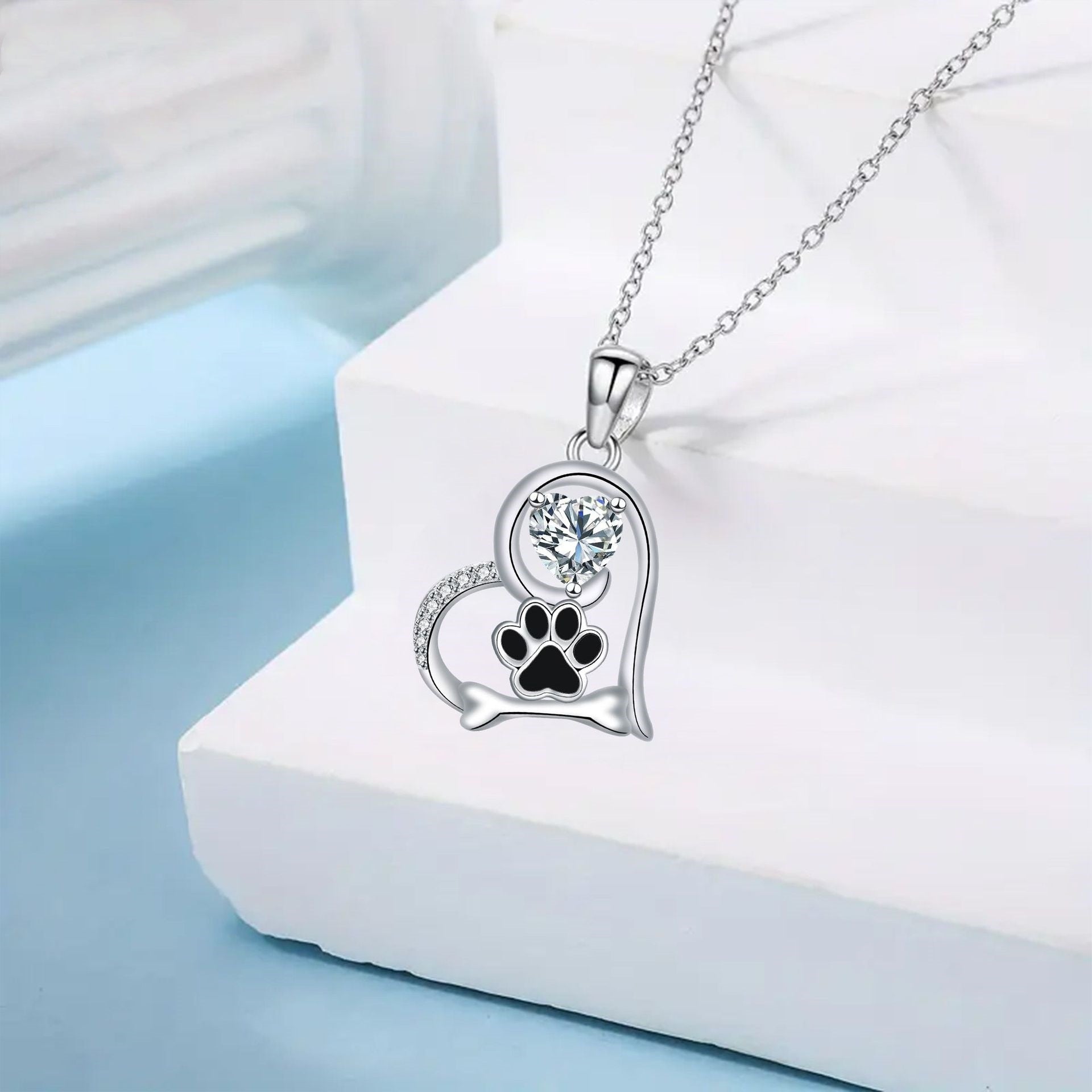 Furry Friend | Dog Paw Print Necklace | Bone Pendant | Zirconia Accents 2
