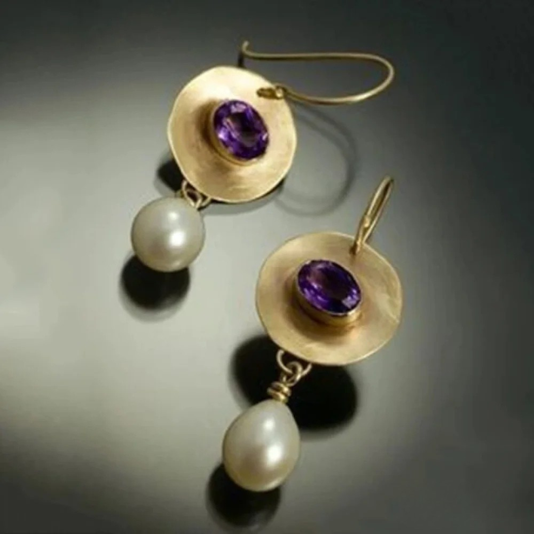 Gold Purple Zirconia Pearl Earrings | Gold 0