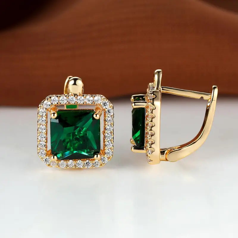 Golden Green Square Zirconia Earrings | Gold 0