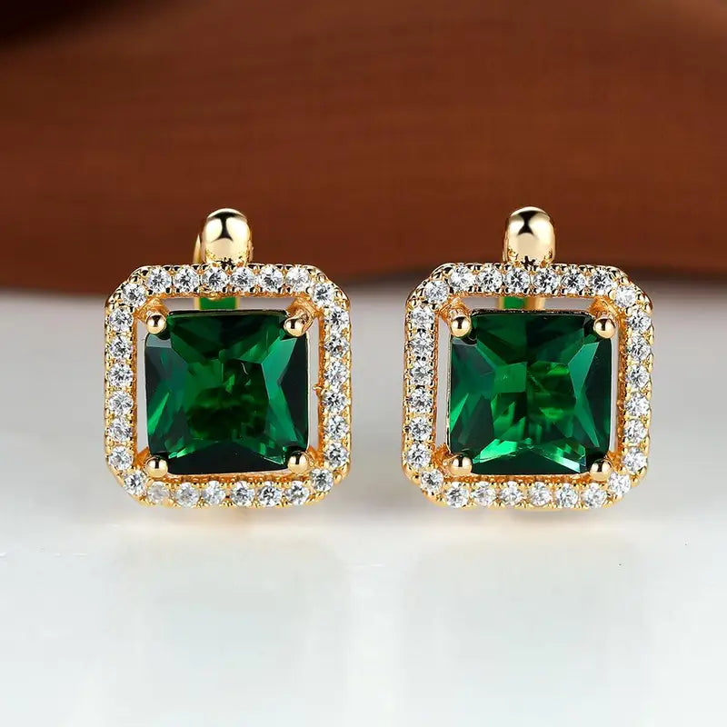 Golden Green Square Zirconia Earrings | Gold 2