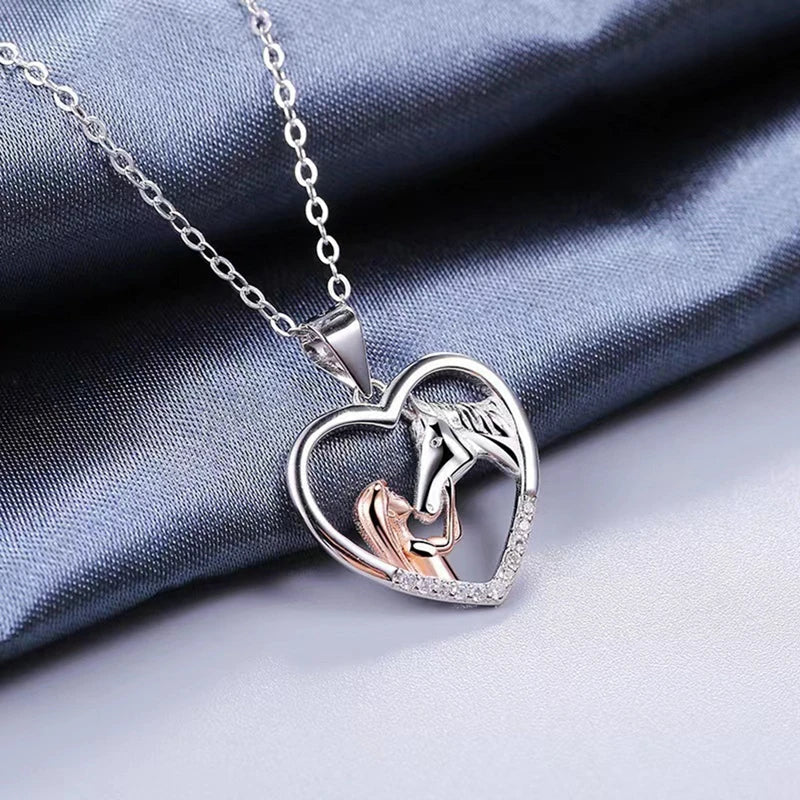 Heart Zircon Girl and Horse Necklace | Gold-Plated 1