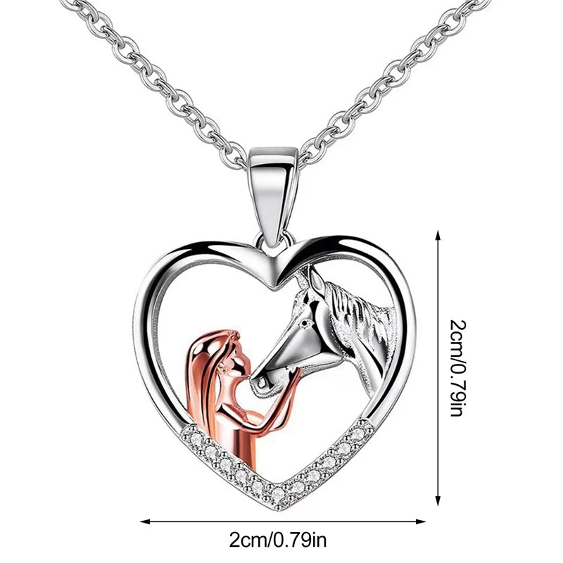 Heart Zircon Girl and Horse Necklace | Gold-Plated 3