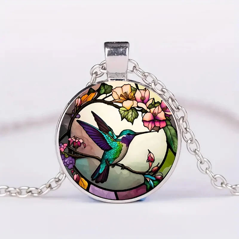 Hummingbird Glass Dome Pendant Necklace | Silver-tone Alloy 0