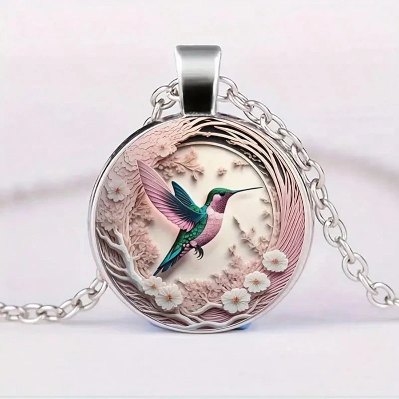 Hummingbird Glass Dome Pendant Necklace | Silver-tone Alloy 1