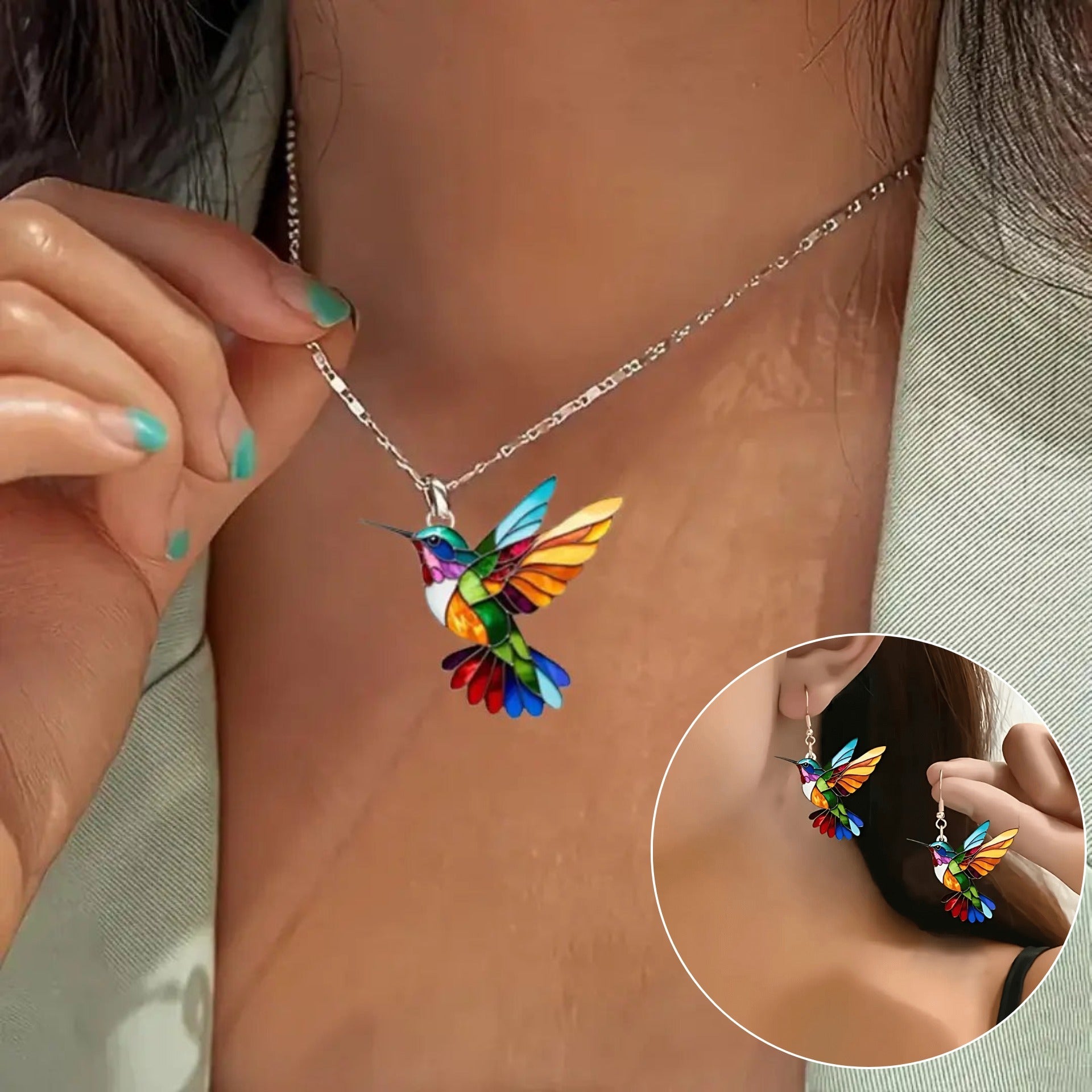 Hummingbird Pendant Necklace Set | Acrylic 0