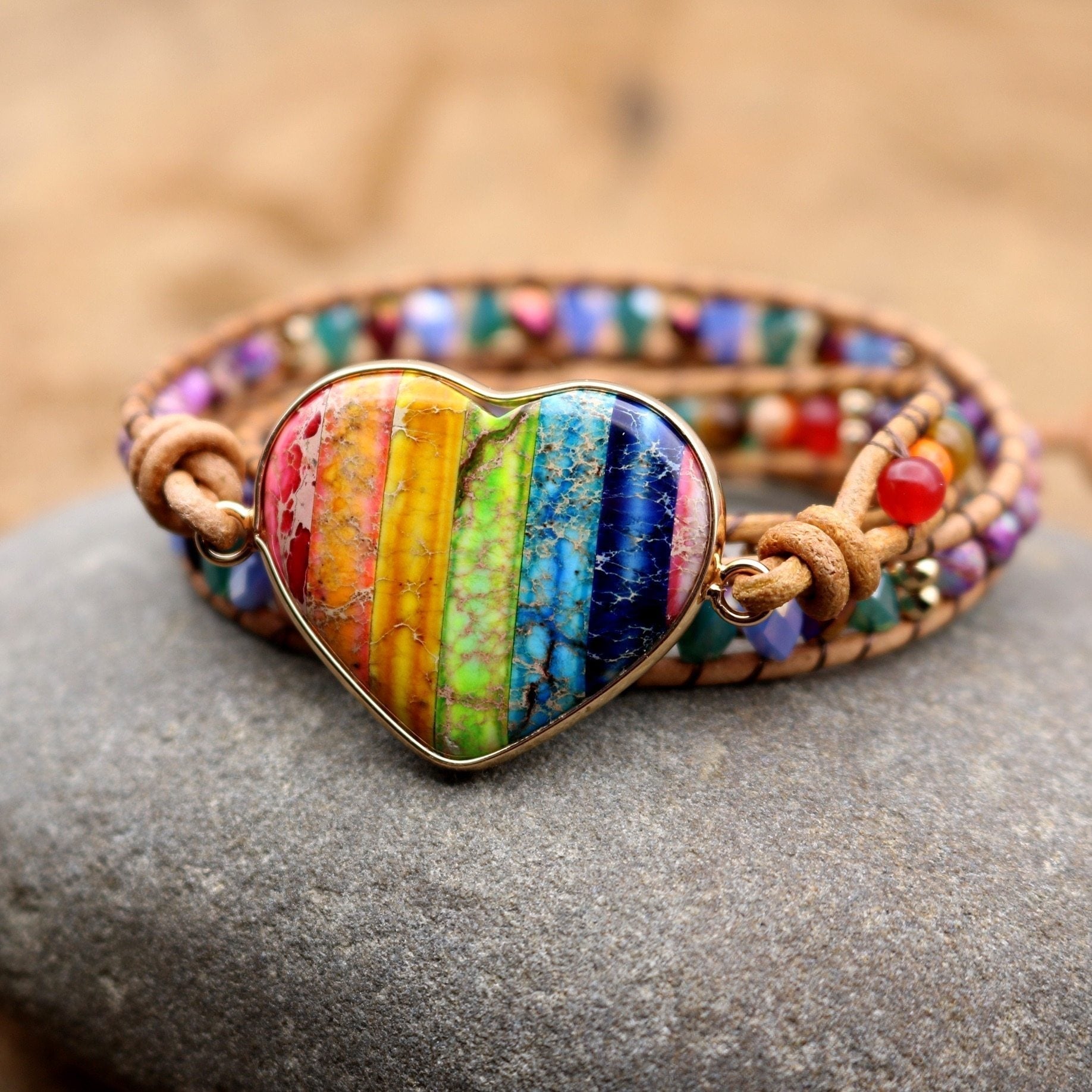 Jasper Love Rainbow Wrap Bracelet | Genuine Leather 0