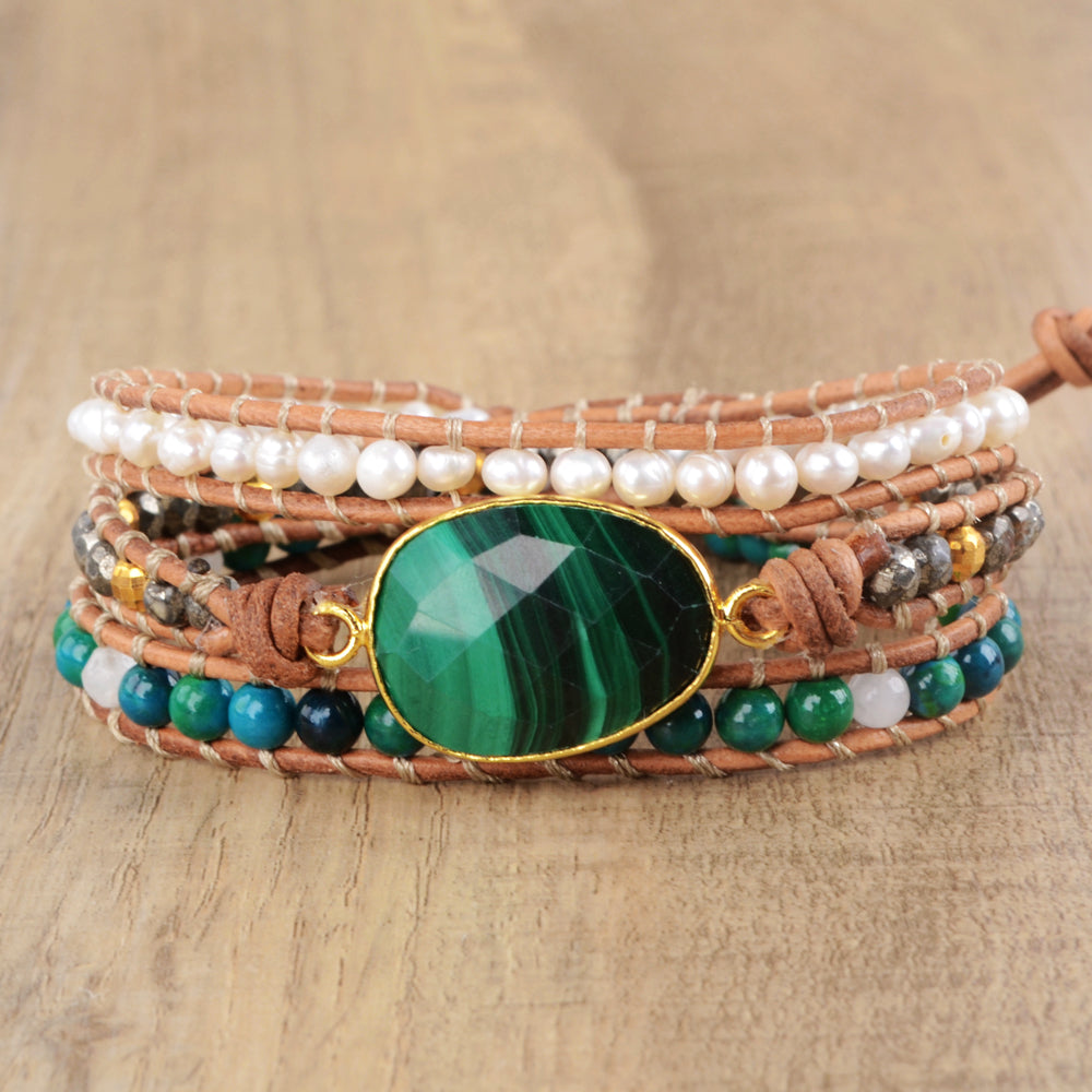 Malachite & Pearl Bracelet | Genuine Leather 0